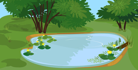 Sticker - Abstract green landscape with blue pond overgrown with flowering yellow water-lily (Nuphar lutea) with green leaves