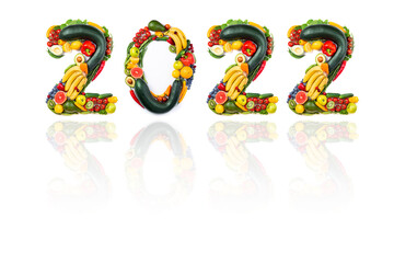 Wall Mural - New Year 2022 made of vegetables and fruits on white background. Number 2022 made of healthy food. 2022 resolutions, trends, clean eating, healthy food concept