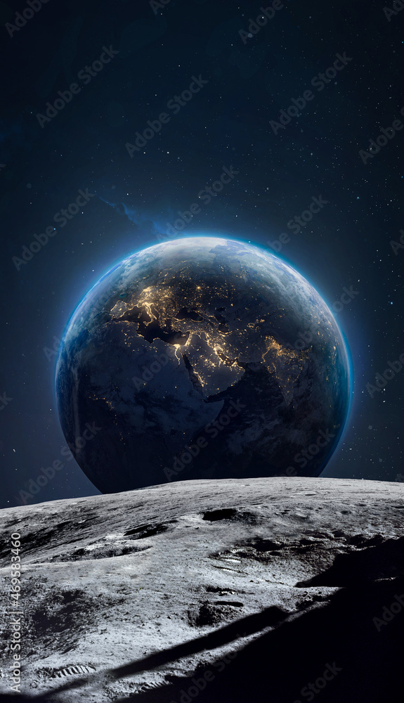 Moon surface and Earth planet at night in outer space. Artemis lunar ...
