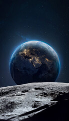 moon surface and earth planet at night in outer space. artemis lunar space program. return to moon. 