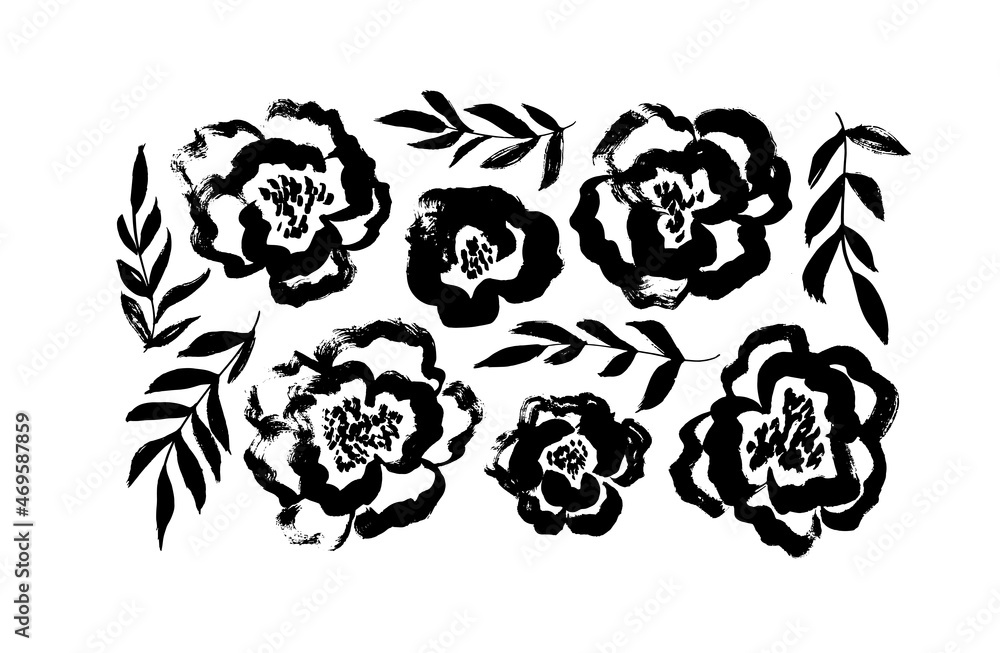 Vector set of graphic abstract flowers. Black brush painted flowers ...