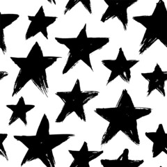 Modern geometric star seamless pattern. Hand drawn monochrome abstract vector texture with scattered stars. Black ink grunge ornament. Scandinavian abstract geometric pattern. Brush strokes texture