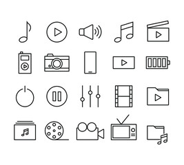 set of multimedia icon menu for gadget or device applications design. editable stroke icon for UI of mobile interface. flat line navigation collection for multimedia player design.