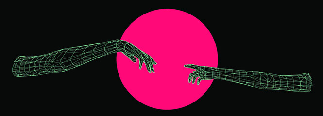 Aufkleber - Vector 3D model of hands going to touch together, reminiscent of Michelangelo's artwork. Cyberpunk and vaporwave style art collage.