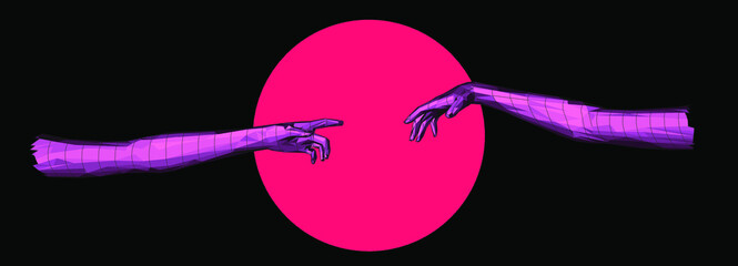 Aufkleber - Vector 3D model of hands going to touch together, reminiscent of Michelangelo's artwork. Cyberpunk and vaporwave style art collage.