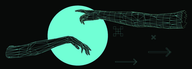 Aufkleber - Vector 3D model of hands going to touch together, reminiscent of Michelangelo's artwork. Cyberpunk and vaporwave style art collage.