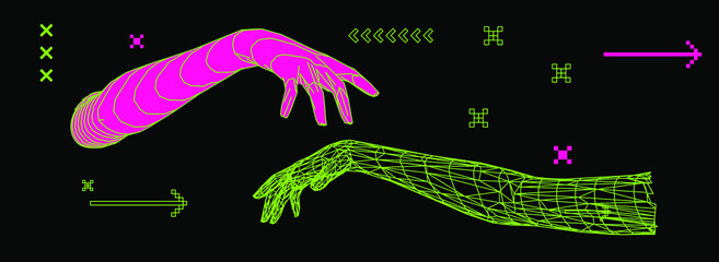 Aufkleber - Vector 3D model of low poly hands. Cyberpunk and vaporwave style art collage.