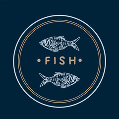 Logo for the seafood menu. Linear Fish illustration for restaurant menu. An icon with marine products. Vector illustration