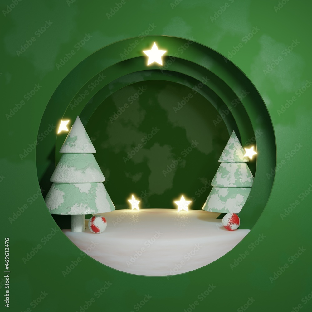 3D ice podium display and christmas tree.Winter landscape background ...