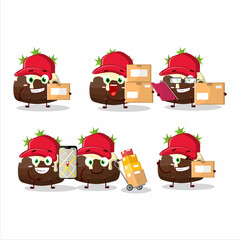 Wall Mural - Cartoon character design of pudding cake christmas working as a courier