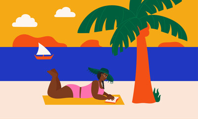 Wall Mural - Illustration of woman reading book at the beach