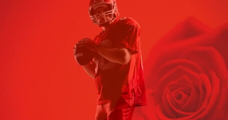 Poster - Animation of american football player holding ball over red rose background