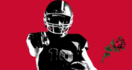 Poster - Animation of black and white american football player pointing, over red roses falling, on red