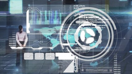 Poster - Animation of scope scanning and data processing over caucasian businesswoman