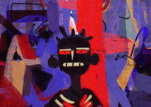 Bizarre Dark African Guy With Scary Smile And Red Eye In Grunge Graffiti Painting With Red And Purple, Mix-media Artwork, Street Art And Grunge. Creative Oil Painting With Harmonious Color.
