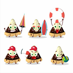 Poster - Happy Face slice of star chocolate pie cartoon character playing on a beach