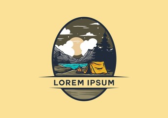 Wall Mural - camping with a bonfire by the lake illustration