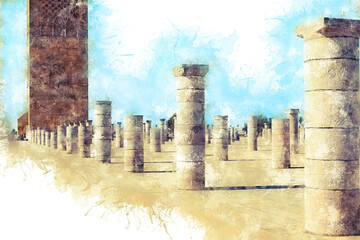 Wall Mural - View of the square with ruins and the Hassan tower against the blue sky. Rabat, Morocco