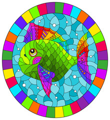 Illustration in the style of a stained glass window with a bright rainbow fish scalar on a background of blue water, oval image in bright frame