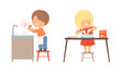 © topvectors - Adorable Kids Doing Housework and Housekeeping Washing the Dishes in Kitchen Sink and Baking Vector Set