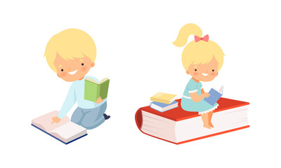 Canvas Print - Little Blond Boy and Girl Reading Book Sitting on the Floor Vector Set