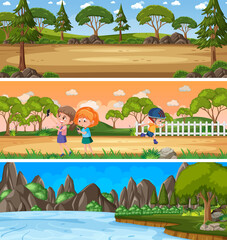 Wall Mural - Outdoor panorama landscape scene set with cartoon character