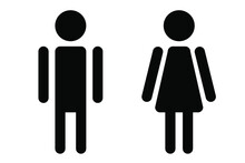 Man And Woman Icon, Black Flat Icons Male And Female Clip Art, Isolated On White Background. Toilet Door Sign Boy And Girl.