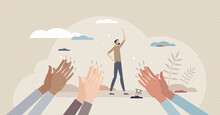Appreciation And Congratulate From Crowd With Clapping Tiny Person Concept. Audience Approval Gesture With Clap And Support Vector Illustration. Applaud To Thanks For Great Job Result. Work Feedback.