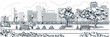 City buildings and park landscape horizontal background. Vector hand drawn sketch illustration of urban cityscape