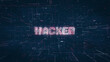 Hacker title on a digital binary code network and data background