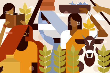 Wall Mural - Illustration of Indian rural women engaged with different types of jobs