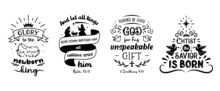Christian Christmas Set With Nativity Scene And Quotes. Religious Christmas Sign With Bible Verse. Scenes Of The Birth Of Jesus, Symbols And Phrases On The Theme Of Christmas, Faith And Religion. Vect