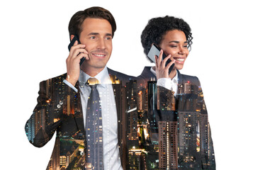 Attractive businesswoman and handsome businessman in suits talking phone. Asia corporate lifestyle, communication of diverse young professionals. Night Kuala Lumpur city view. Double exposure