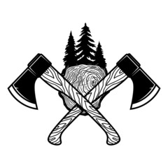 Sticker - Crossed lumberjack axes with wood cut. Design element for logo, emblem, sign, poster, t shirt. Vector illustration