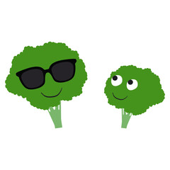 Two funny doodle broccoli friends. Cute childish illustration for education, decor, greeting card, textile.