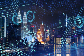 Information flow hologram, night panorama city view of Kuala Lumpur. KL is the largest technological center in Malaysia, Asia. The concept of programming science. Double exposure.