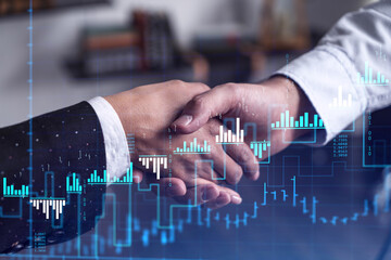 Wall Mural - A handshake as a symbol of successful transaction on brokerage services at international investment bank. Capital market, stock trading. Financial hologram chart. Women in business.