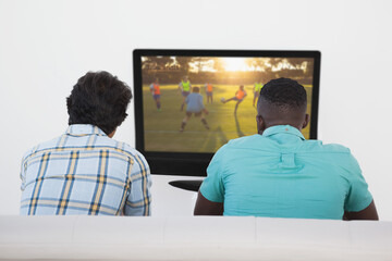 Canvas Print - Rear view of two friends sitting at home together watching football match on tv