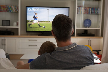 Canvas Print - Rear view of father and son sitting at home together watching football match on tv