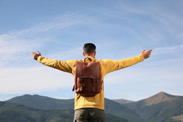 Canvas Print - Man enjoying beautiful mountain landscape, back view