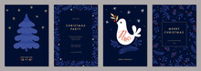 Winter Holiday Cards With Christmas Tree And Dove, Birds, Floral Modern Frame, Background And Copy Space. Universal Artistic Templates.