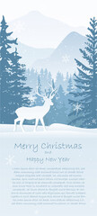 Winter landscape Christmas card. Deer in snow, forest and mountains in the background. Magical misty nature, snowflake. Merry Christmas and Happy New Year. Text insert.