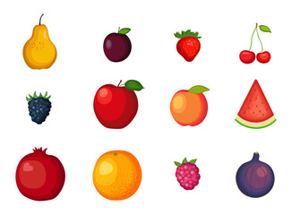 Wall Mural - Set of fruits on white background. Variety vector fruits in flat style.