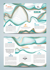 Wall Mural - vector tri-fold brochure template with liquid, marble texture, line in cyan and orange color. a4 fol
