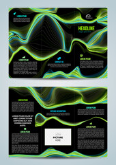 Wall Mural - vector tri-fold brochure template with liquid, marble texture, line in green and blue color on black