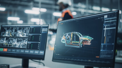 Poster - Office at Car Assembly Plant. Close Up Shot of a Modern Computer Computer Monitor with Factory Line Management System, Overviewing Autonomous Car Production, Showing Car Structure.