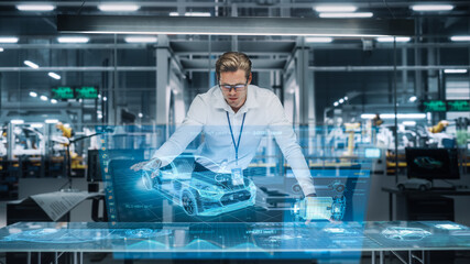 Poster - Confident Engineer Working on a New Electric Car with Use of Augmented Reality Hologram in an Office at Car Assembly Plant. Industrial Specialist Working in Technological Vehicle Development Facility.