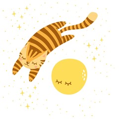 Wall Mural - Sleeping tiger flies in the sky. Sleeping moon and stars. Vector illustration for print on baby clothes.