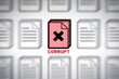 Corrupt document icon. Digital file in red with message, on computer screen with scan lines and glitches.