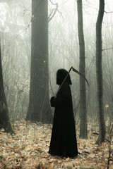 Death in a black hoodie mantle sharp blade in forest mistery fog